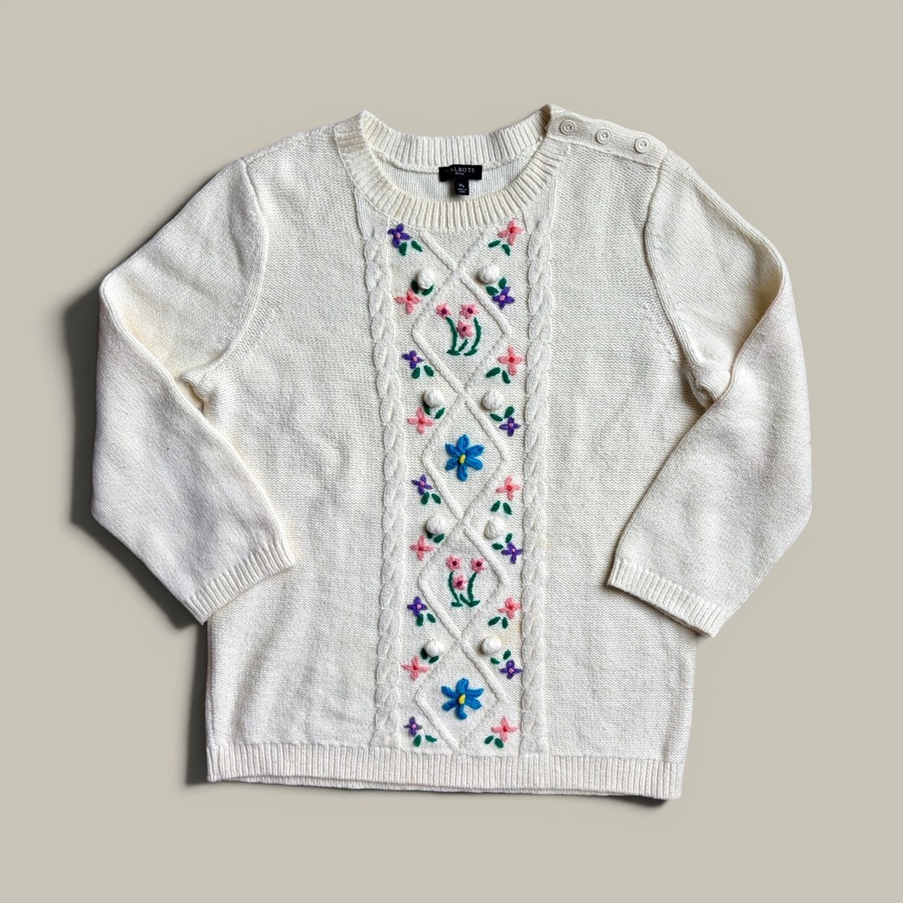 Talbots Medium Petite Ivory Floral Embroidered Cable Knit Sweater Pom Pom Button